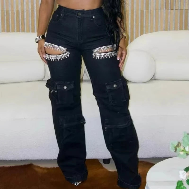 Ohsisa 2025 New Spring and Summer Jeans Fashionable Hollow Diamond Decoration Multi-pocket Stretch Cargo Jeans for Ladies