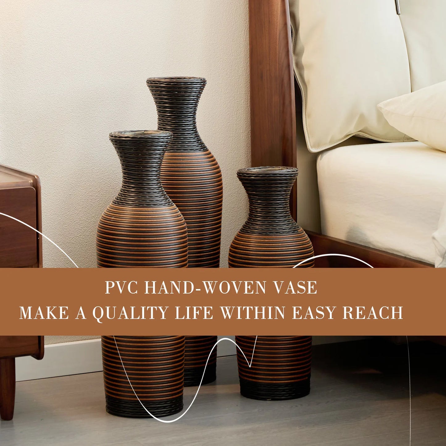 Set of 3 Brown Hand-Woven PVC Rattan Vases 27.56in 23.62in 19.69in Tall Farmhouse Decorative for Outdoor Home Decor