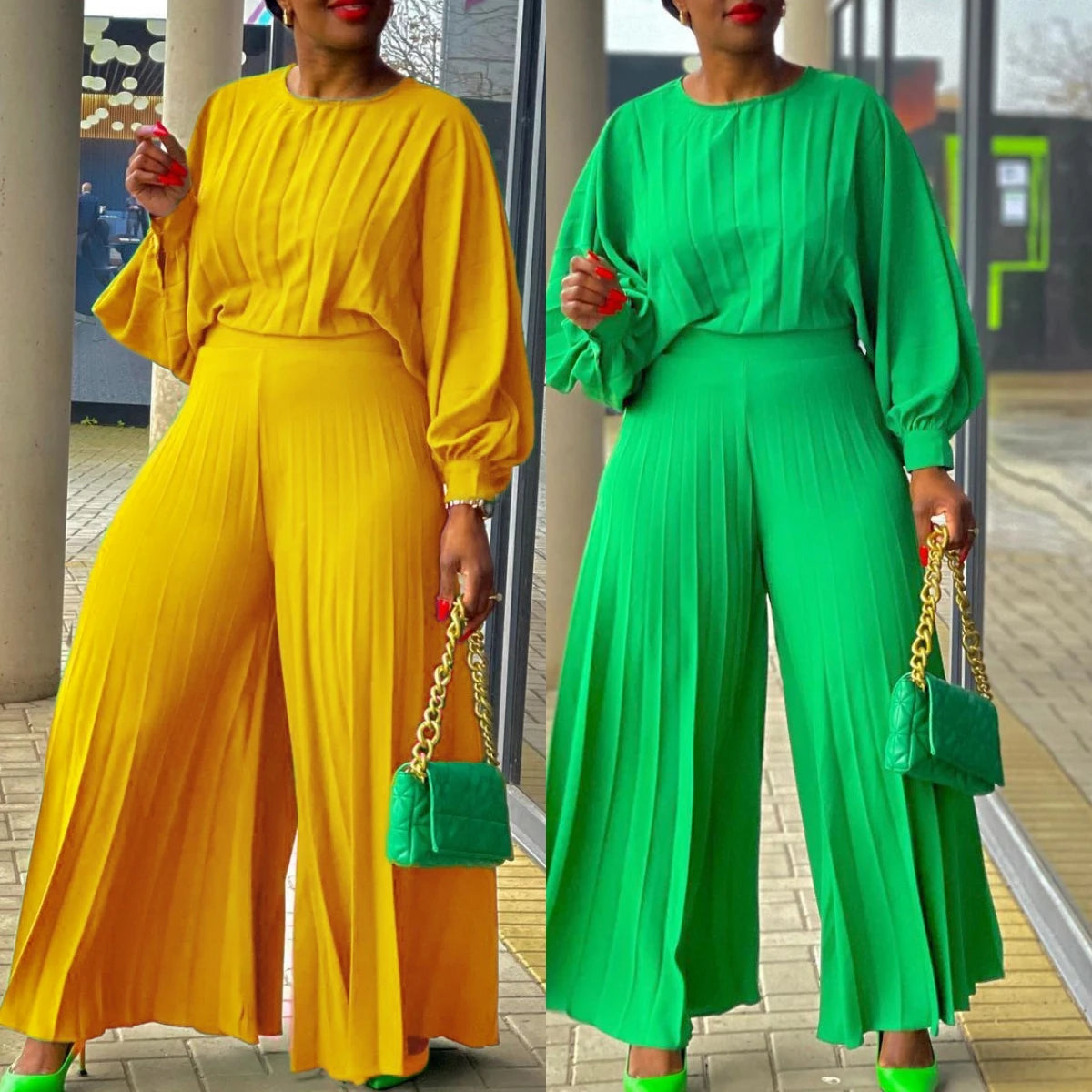 C8531 Summer Loose Fit Casual Long Sleeve Shirt Top Matching Wide Leg Pants Two Piece Pants Set for African Elegant Women Wear