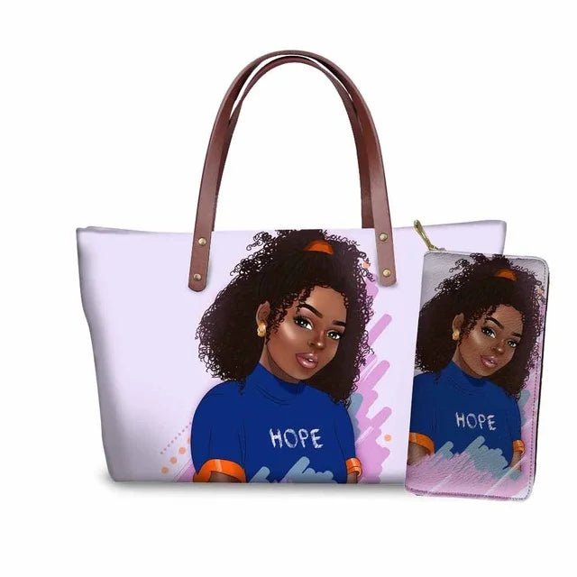 High Quality Latest Custom Pattern Women Hand Bags Black Art African Girls Printed Top Handle Tote Bag Luxury Purse for Ladies