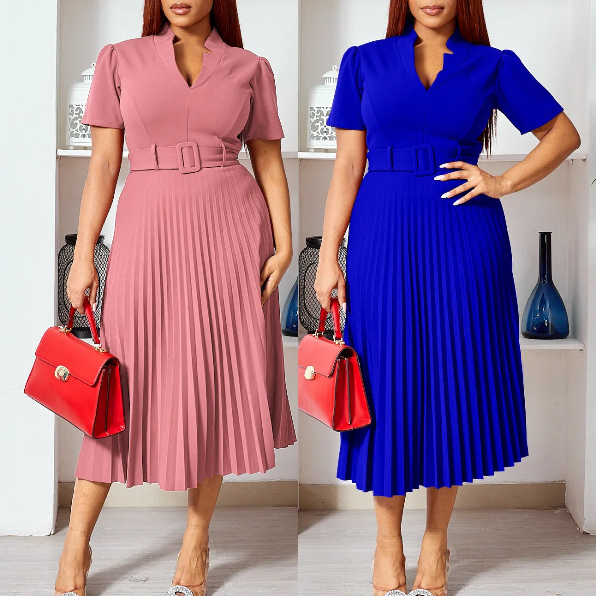 D563 Latest Design Summer Dresses Women Casual Short Sleeve V-neck Pleated Office Lady Dress Elegant African Dresses