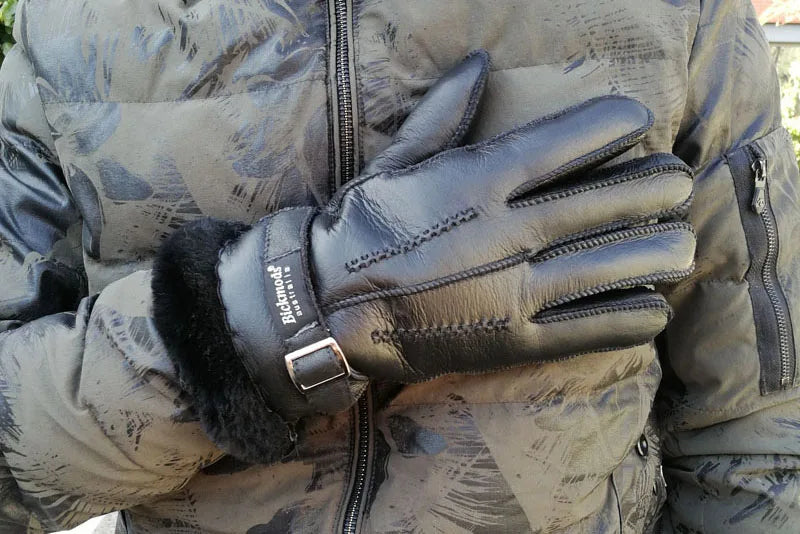 Sheepskin Fur Gloves Men's Thick Winter Warm Large Size Outdoor Windproof Cold Hand Stitching Sewn Leather Finger Gloves