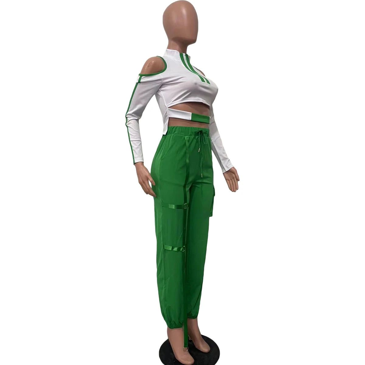2023 New Summer Fashion Stitching Hollow Out Cold Shoulder 2 Piece Pant Set