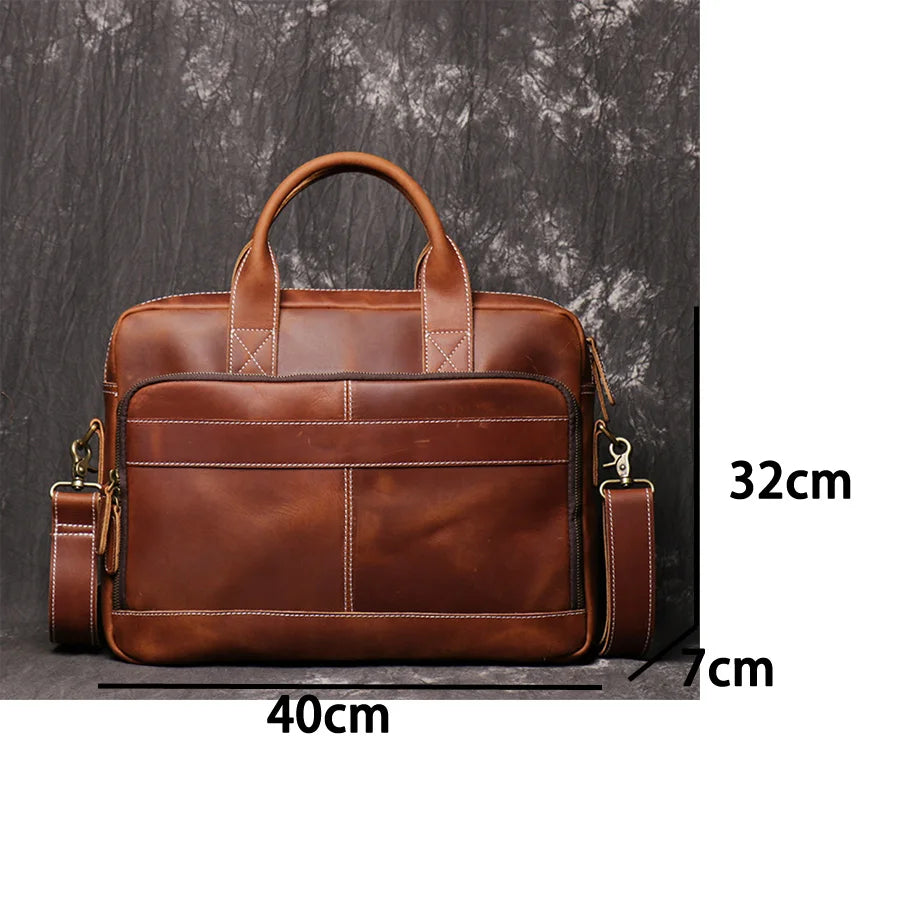 Genuine Leather Laptop Bag Crazy Horse Leather Briefcase Business Tote Bag Cowhide Mens Briefcases for Men Travel Messenger Bags
