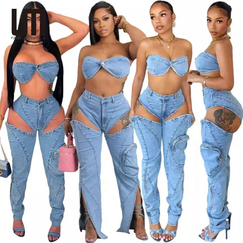 Liu Ming New Products Summer Women Sexy Strapless Wrapped Tops Sleeveless Hollow Slit Long Jeans Pants Set