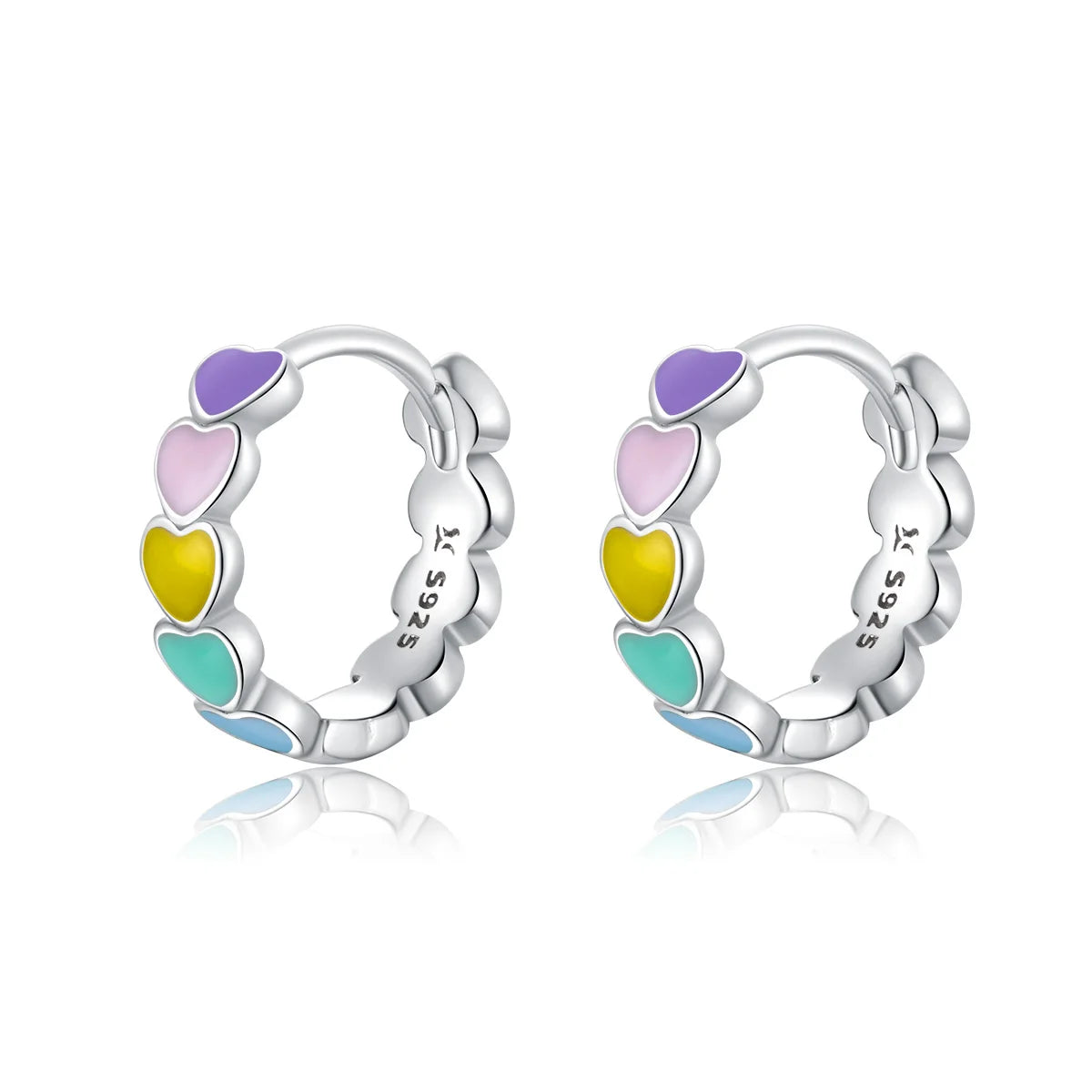 Genuine 925 Sterling Silver Women Multicolor Enamel Heart Hoop Earrings Rainbow Trend Jewelry for Girl Gift SCE909