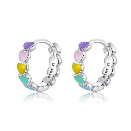 Genuine 925 Sterling Silver Women Multicolor Enamel Heart Hoop Earrings Rainbow Trend Jewelry for Girl Gift SCE909