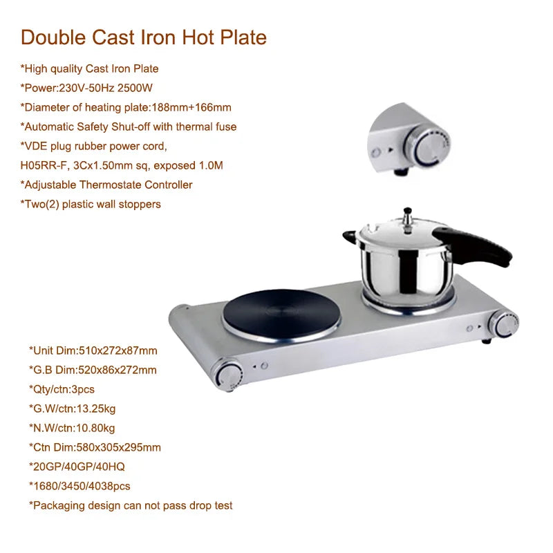 Double Burners Electric Hot Plate for Cooking Portable 2500w Easy to Clean Kitchen Stove