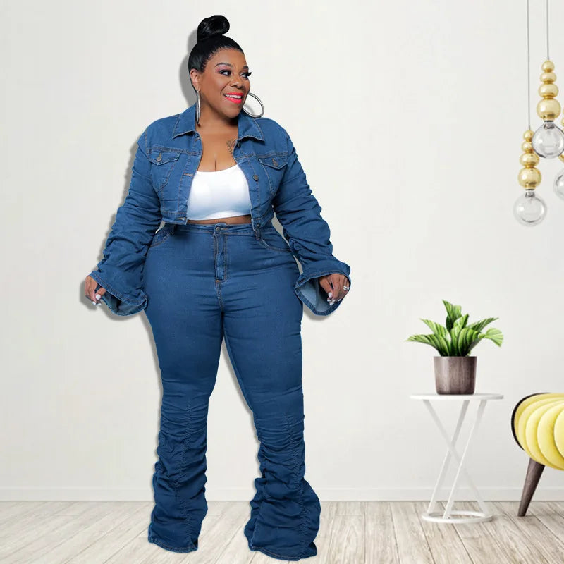 Denim Plus Size Sets Women 2 Piece Set Puff Long Sleeve Jacket Stretch Stacked Jeans Fall Winter Clothes Wholesale Dropshipping