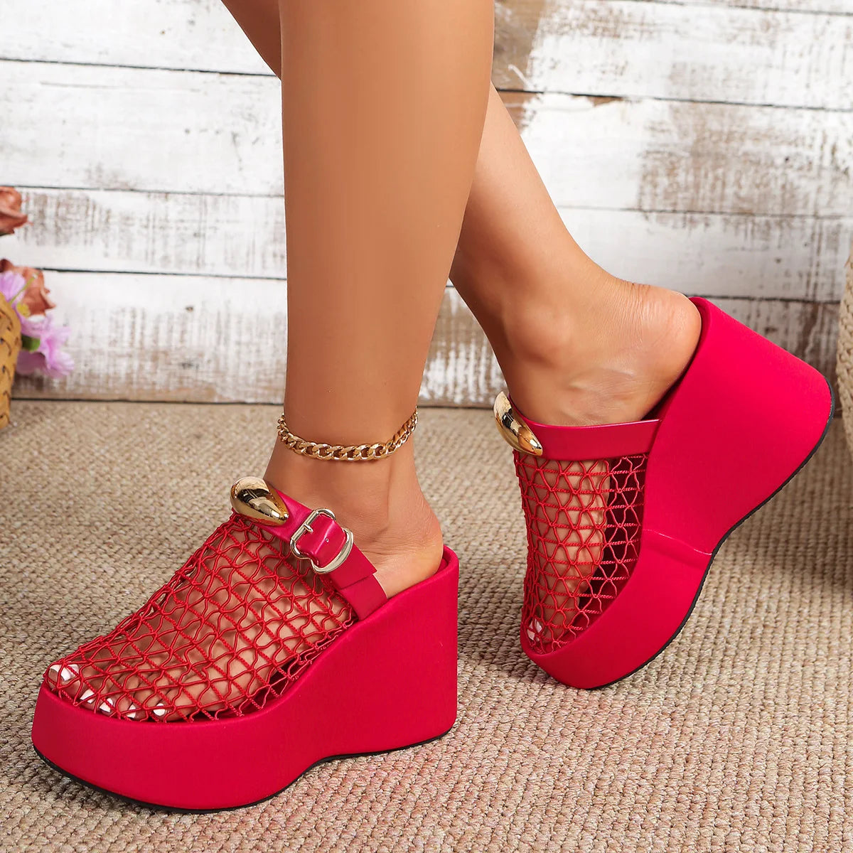Foreign Trade Plus Size Mesh Hollowed Out New Style Thick Sole Sloping Heel with Metal Buckle Strap High Heels and Cool slippers