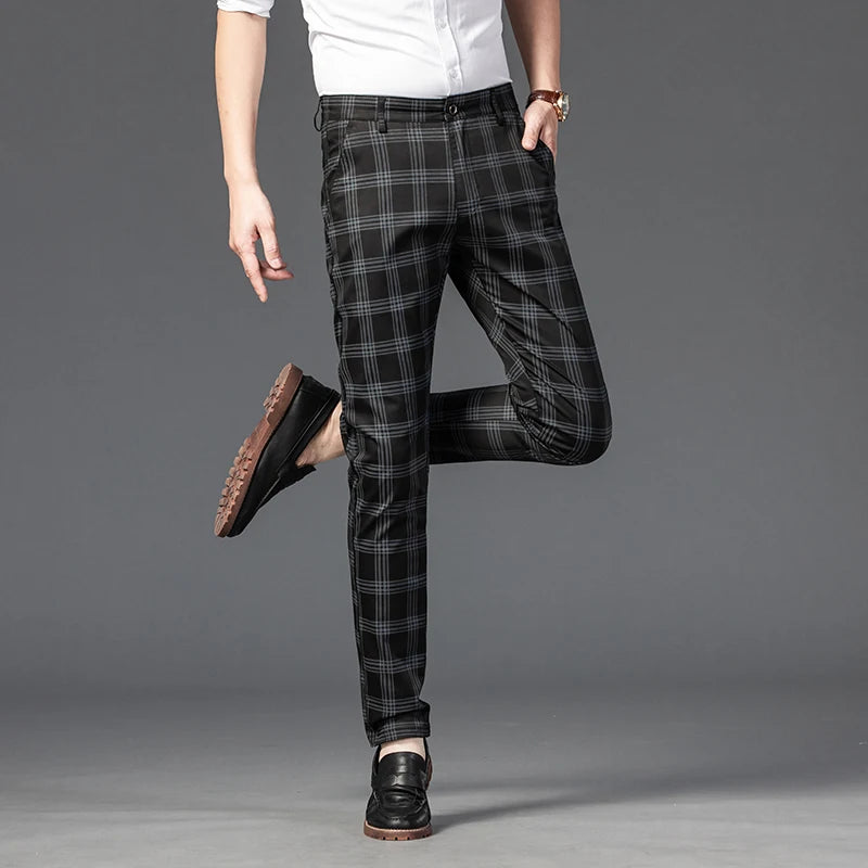 2025 Spring New Men's Plaid Casual Pants Business Fashion Slim Stretch Male Skinny Trousers Brand Clothes 7 Color