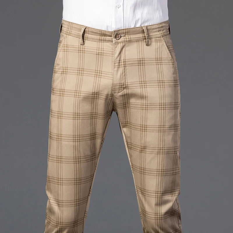 2025 Spring New Men's Plaid Casual Pants Business Fashion Slim Stretch Male Skinny Trousers Brand Clothes 7 Color