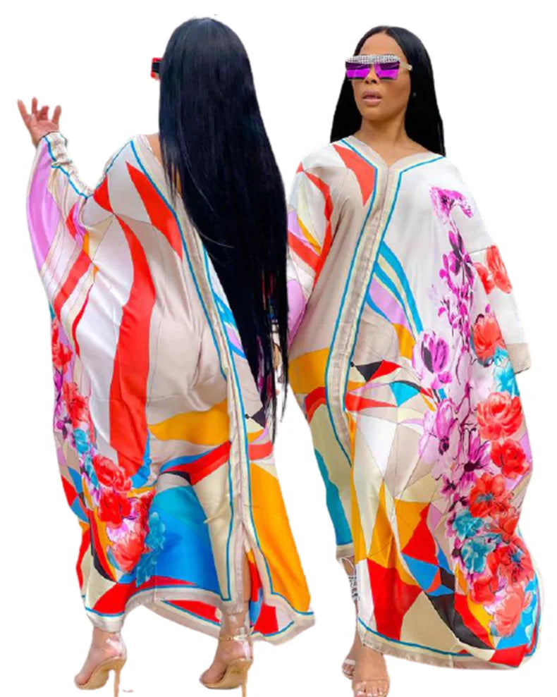TWOTWINSTYLE V Neck Long Sleeve Print Colorful Loose Dresses Female Summer Fashion