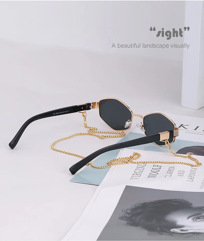Sexy Small Frame Hexagon Sunglasses Women With Chain 2026 Luxury Brand Designer Punk Sun Glasses For Ladies Shades Gafas De Sol