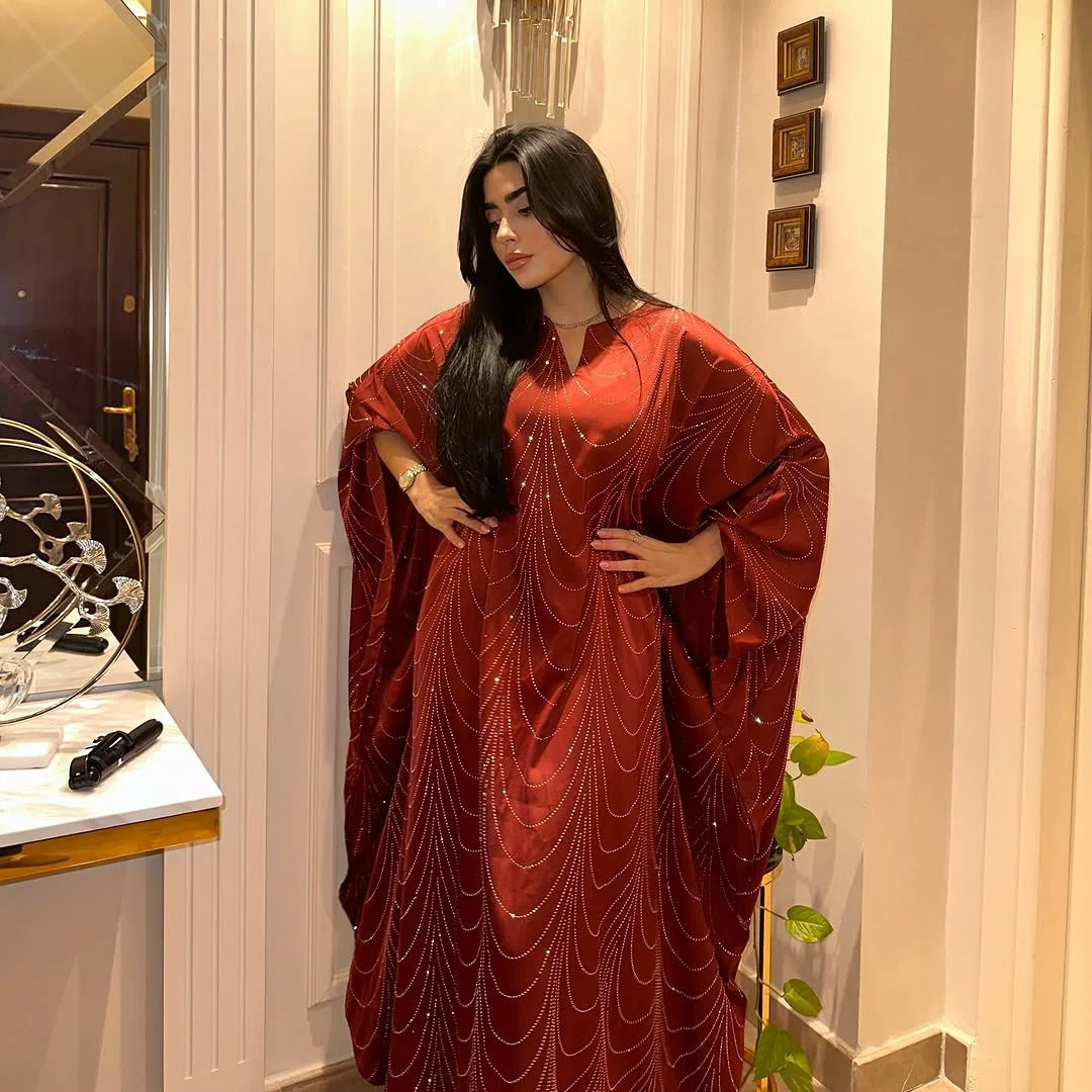 Elegant Maxi Dress Turkish Caftan Wholesale Abaya Hot Diamond Kaftan Batwing Sleeves Women Muslim Dress Dubai Islamic Clothing