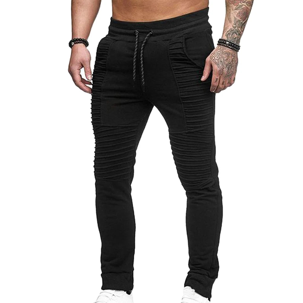 Fashion Men Solid Color Drawstring Elastic Waist Sport Pleated Pants Trousers Elastic Waist Sport Pleated Pants Trousers