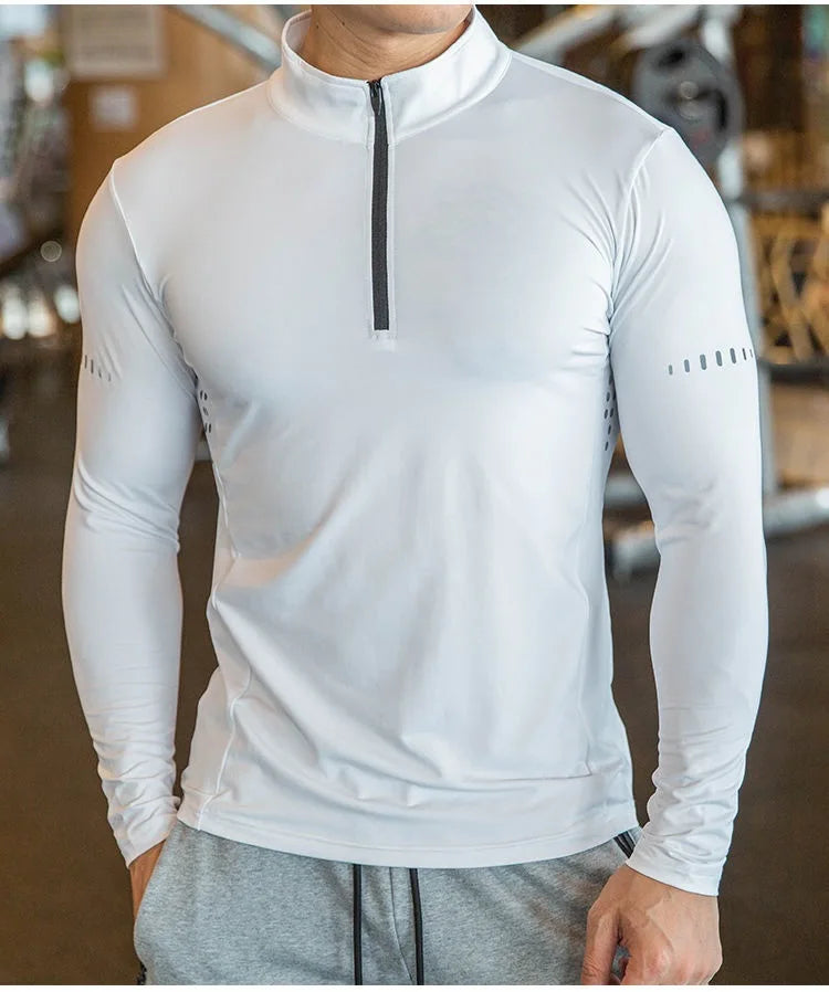 Compression T-shirts Men Fitness WearCustom Long Sleeve Zip Gym Workout Clothing