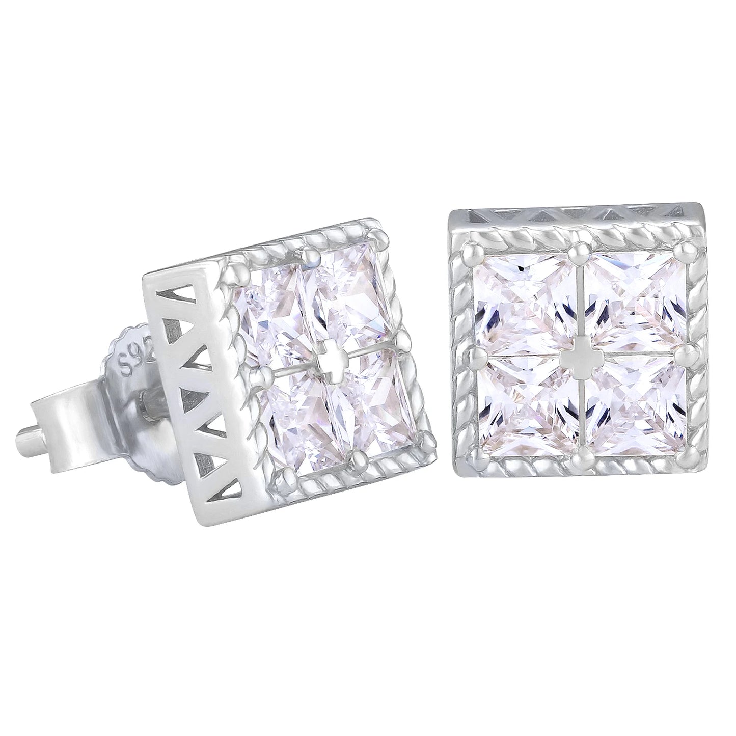 BIG Large 8mm Hip Hop Men Iced Out Earring S925 Sterling Silver Square Cubic Zirconia 14K White Gold CZ Stud Earring Womens