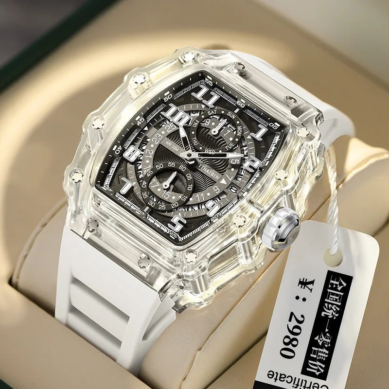 TINAIBIN Men's Watch 2024 New Design Transparent Tonneau Watch for Men Waterproof Luxury Sport Out Door Wristwatch Montre Homme