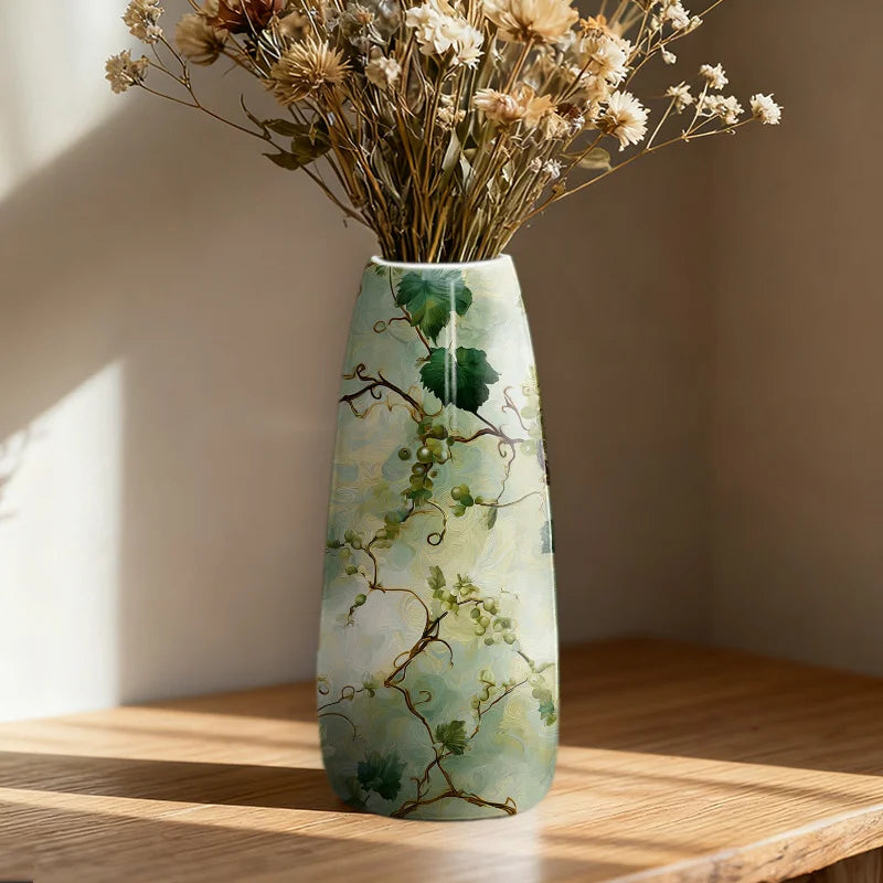 1pc Ceramic Vase Hand Painted Green and Yellow Floral Pattern on White Background, Elegant and Beautiful for Modern Home Decor