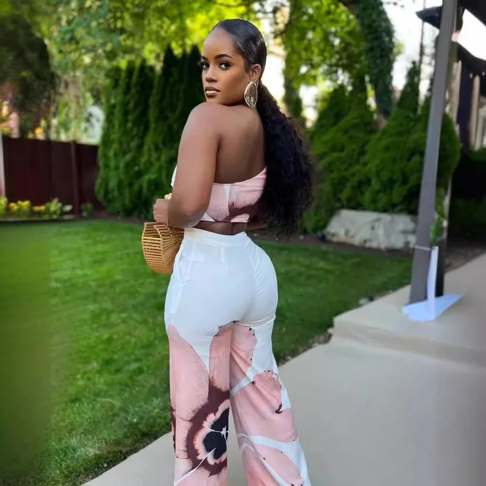 S10831 Latest Design Summer Outfits for Women Slim Single Shoulder Printed Top and Wide Leg Pants Two Piece Set for Women