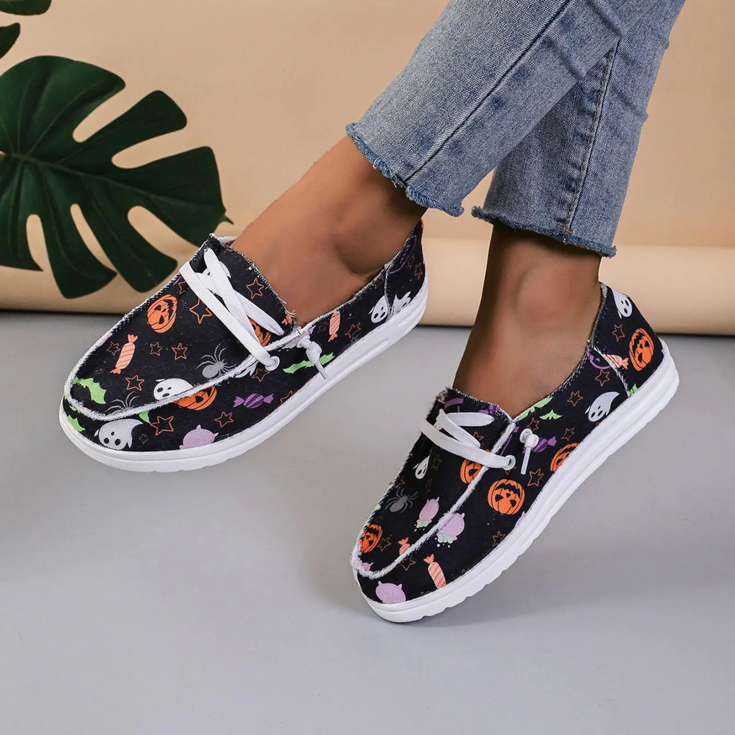 rola Halloween canvas shoes women's pumpkin print ghost pattern flat casual women's shoes