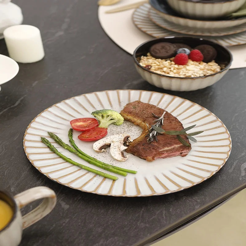 September Promotion Golden Beige Stone Tools Embossed Tableware Sets High End Premium Ceramic Sets and Safety Tableware Sets