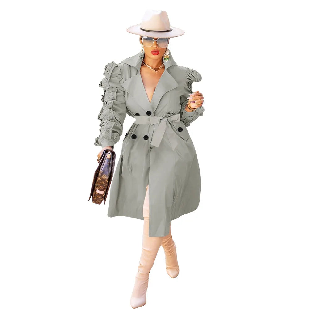 ANSZKTN Spring Fall Stacked Sleeve Midi Women'S Trench Coats Long for Ladies Women