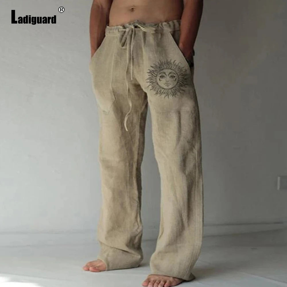 Plus Size 5xl Mens Loose Pants 2025 Summer Casual Linen Pants Male Fashion Print Trouser Men Patchwork Drawstring Leisure Pant
