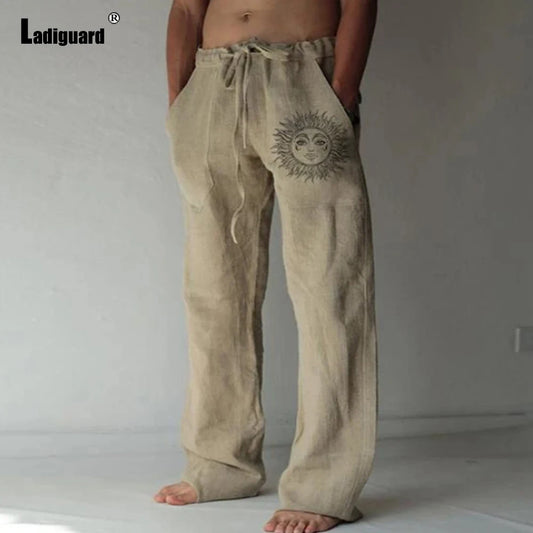 Plus Size 5xl Mens Loose Pants 2025 Summer Casual Linen Pants Male Fashion Print Trouser Men Patchwork Drawstring Leisure Pant
