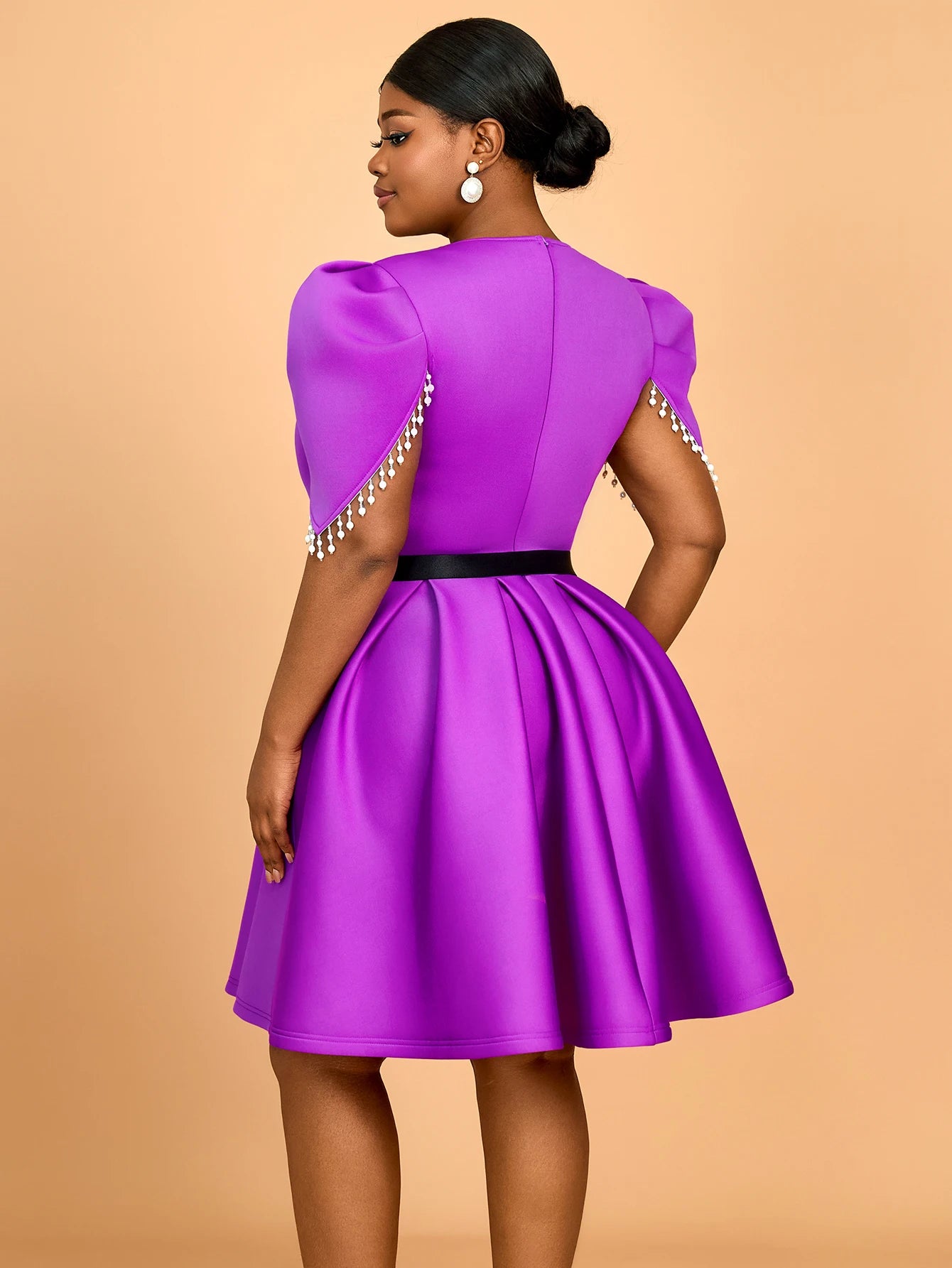 AOMEI Square Neck a Line Puff Sleeves with Beading Elegant Lady Birthday Purple Party Casual Dress with Black Belt