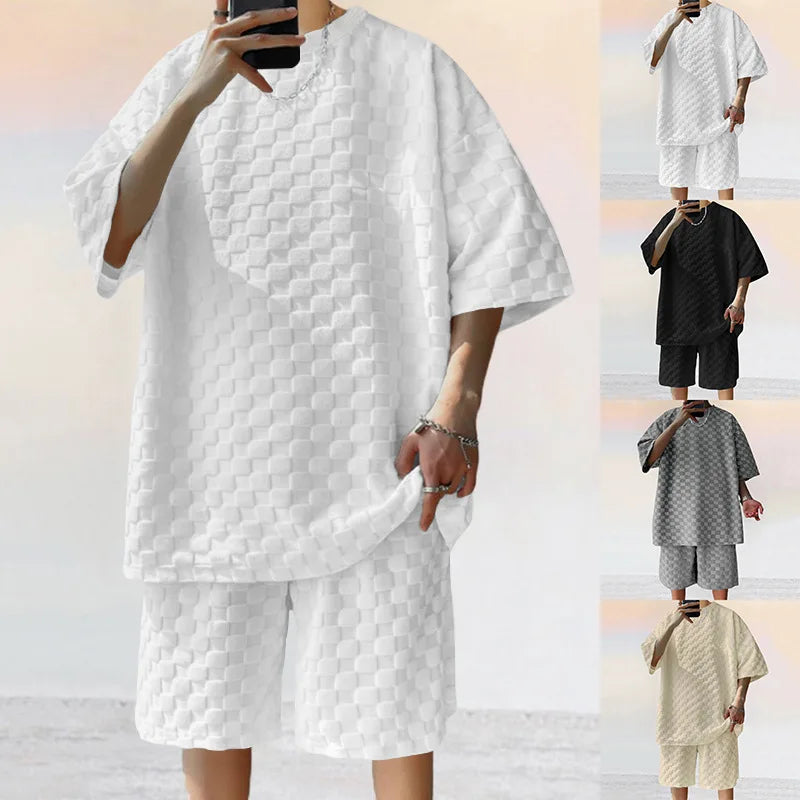 Men's Sports Suit Summer New High Street Jacquard Plaid T-shirt Shorts Two-piece Set Male Casual Retro Loose O-neck Top