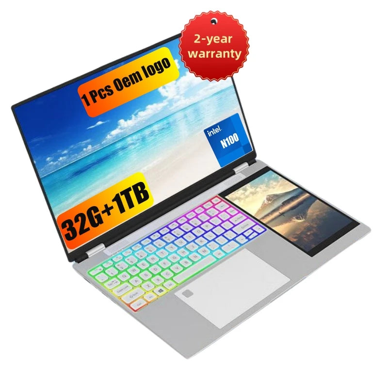 Brand New Custom Logo 15.6 Inch Intel N150 RGB Business Student 16GB 32GB DDR4 Double Monitor 512GB Touch Dual Screen Laptop