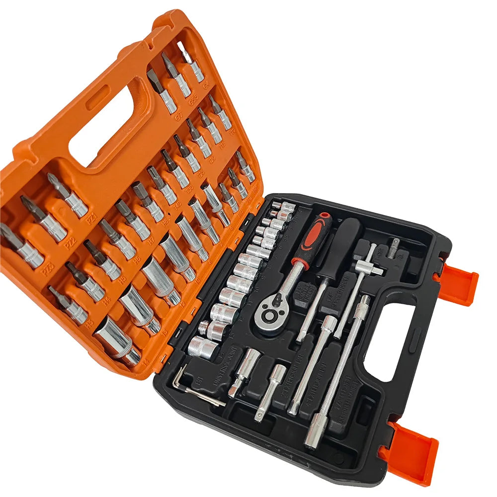 Precision Steel 53pcs 1/4 Inch Drive Sleeve Ratchet Wrench Set Hand OEM New Red Metric Extension Rod Variety Any Repair