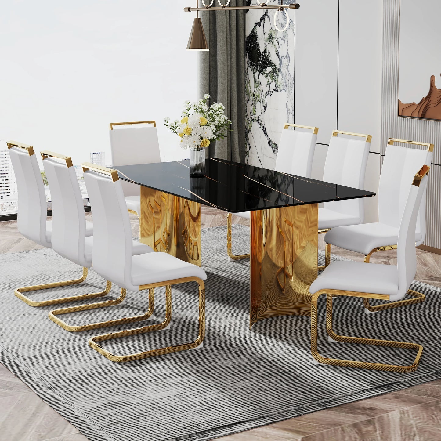 Modern Minimalist Square Dining Table with Black Patterned Glass Top Golden Metal Legs for Home Furniture Apartments Restaurants