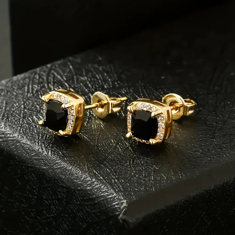 USA Stock Square Black Stud Rectangle 5A+ Cubic ZIRCON 14K Gold Plated Jewelry Aretes De Hombre CZ Diamond Earring for Men Women