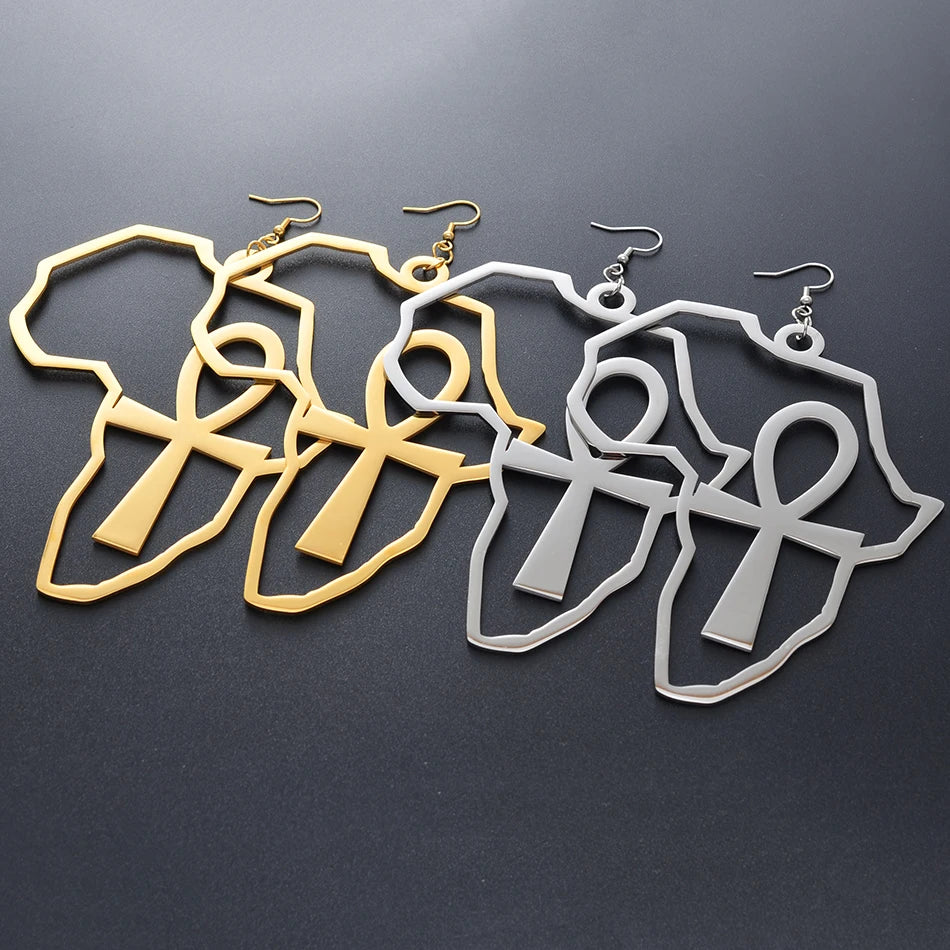 Anniyo African Map Big Ankh Earrings Exaggerate Larger Earring Africa Egypt Nile Key Traditional Ethnic Hyperbole  #154721