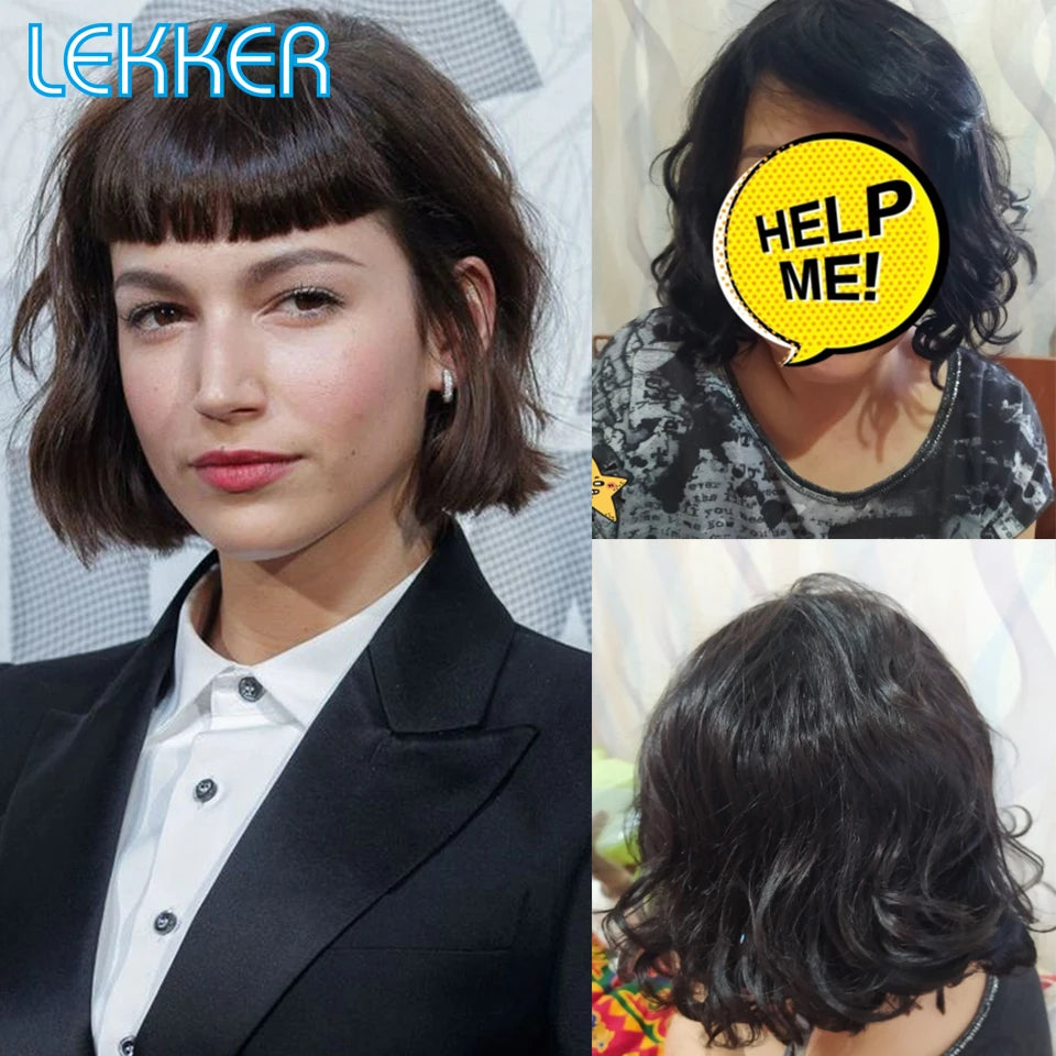 Lekker Brown Short Body Wave Bob 100% Human Hair Wigs With Bangs For Women Brazilian Remy Hair Full Machine Made Daily Bob Wigs