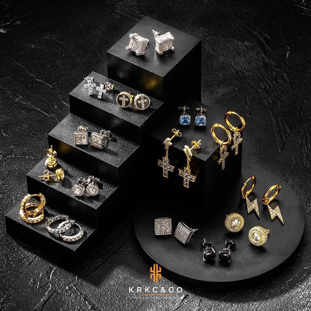 USA Stock Square Black Stud Rectangle 5A+ Cubic ZIRCON 14K Gold Plated Jewelry Aretes De Hombre CZ Diamond Earring for Men Women