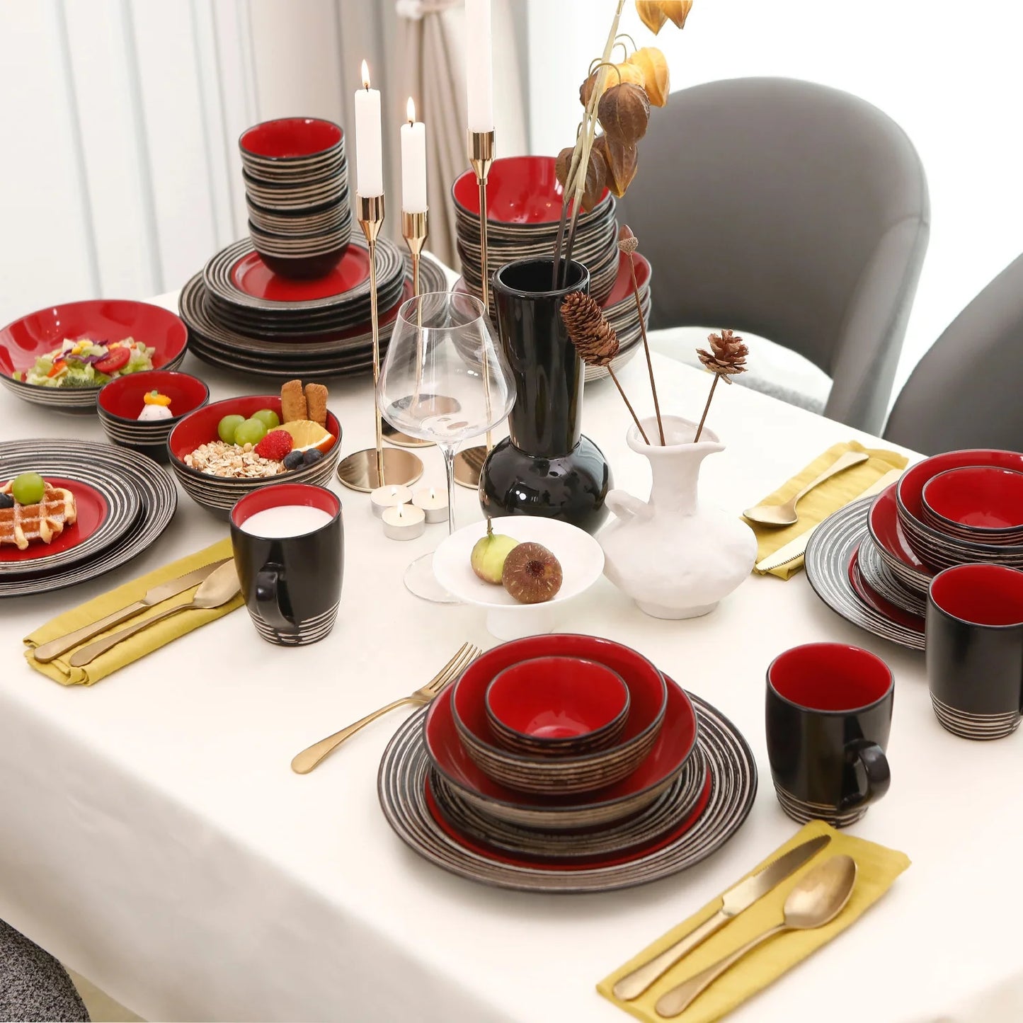Best Selling Royal Red and Black Glazed Home Products Customizable Color Box Stone Tableware Sets