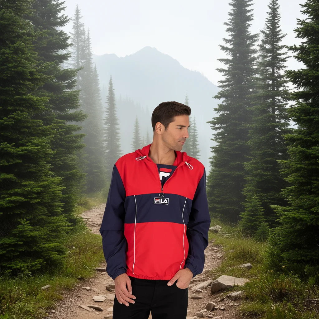 Fila Men's Half Zip Windjacket Red Blue Color Blocked Hooded Outdoor Jacket Regular Fit All Seasons Coated Soft Shell