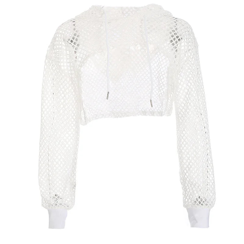 2022 New Spring  Streetwear Neon Green Mesh Fishnet Top Women Tshirt Perspective Long Sleeve Women's T-shirts Sexy Cropped Shirt