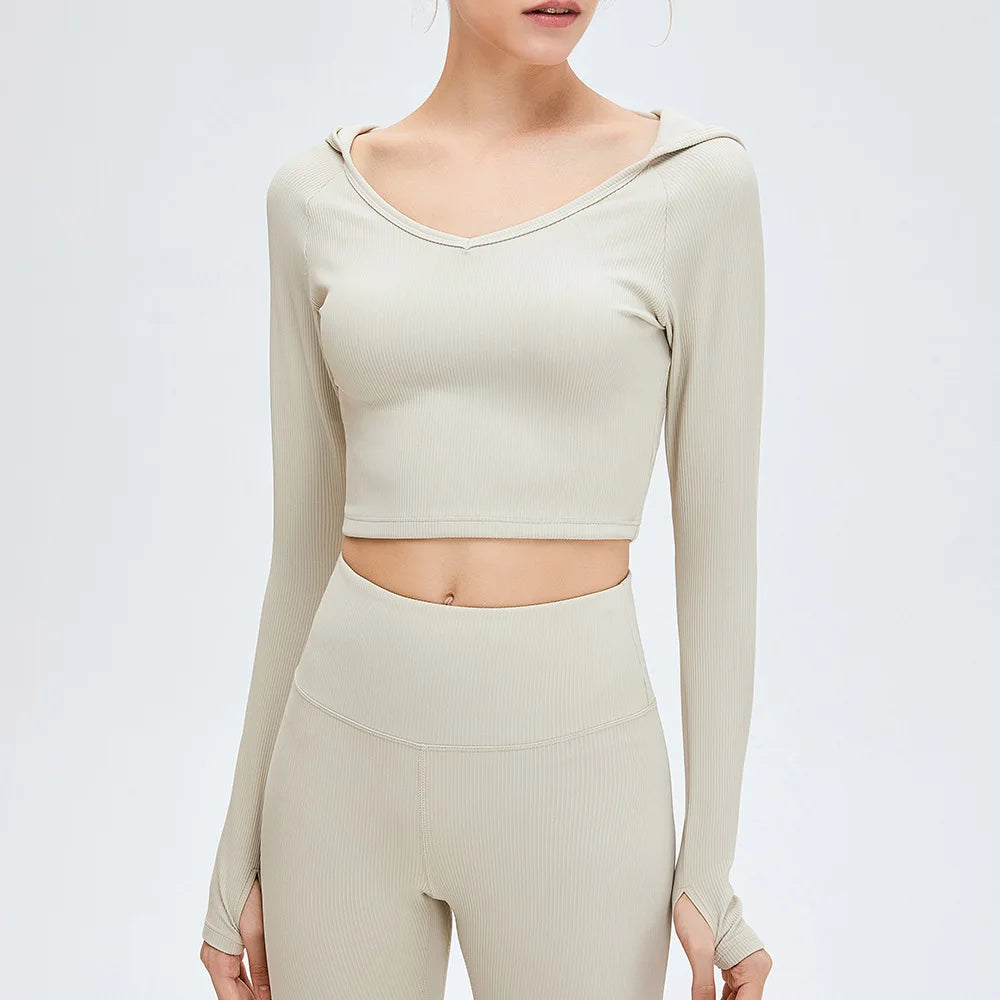 High Quality Ribbed Long Sleeve Workout Hoodie Crop Tops Outdoor Training Fitness Gym Shirts Women's Pullover Cropped Hoodies