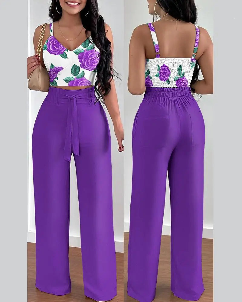 Women's Pleated Suspender Top With Fashionable Wide Leg High Waist Pants Set Casual 2-piece Set
