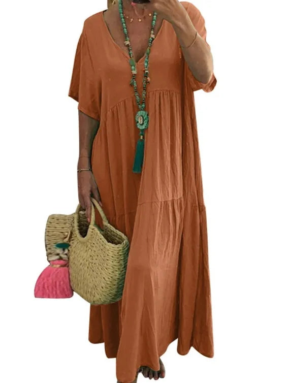 Simple Summer Women's Casual Loose Plain Long Maxi Dresses Plus Size Sundress Short Sleeve Women Boho Dress