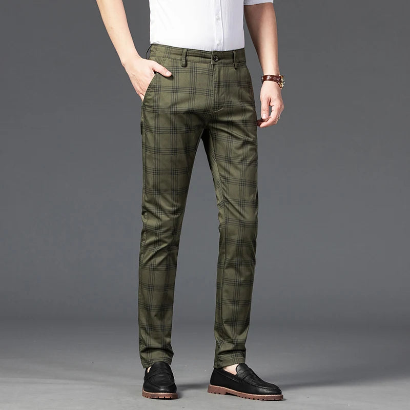2025 Spring New Men's Plaid Casual Pants Business Fashion Slim Stretch Male Skinny Trousers Brand Clothes 7 Color