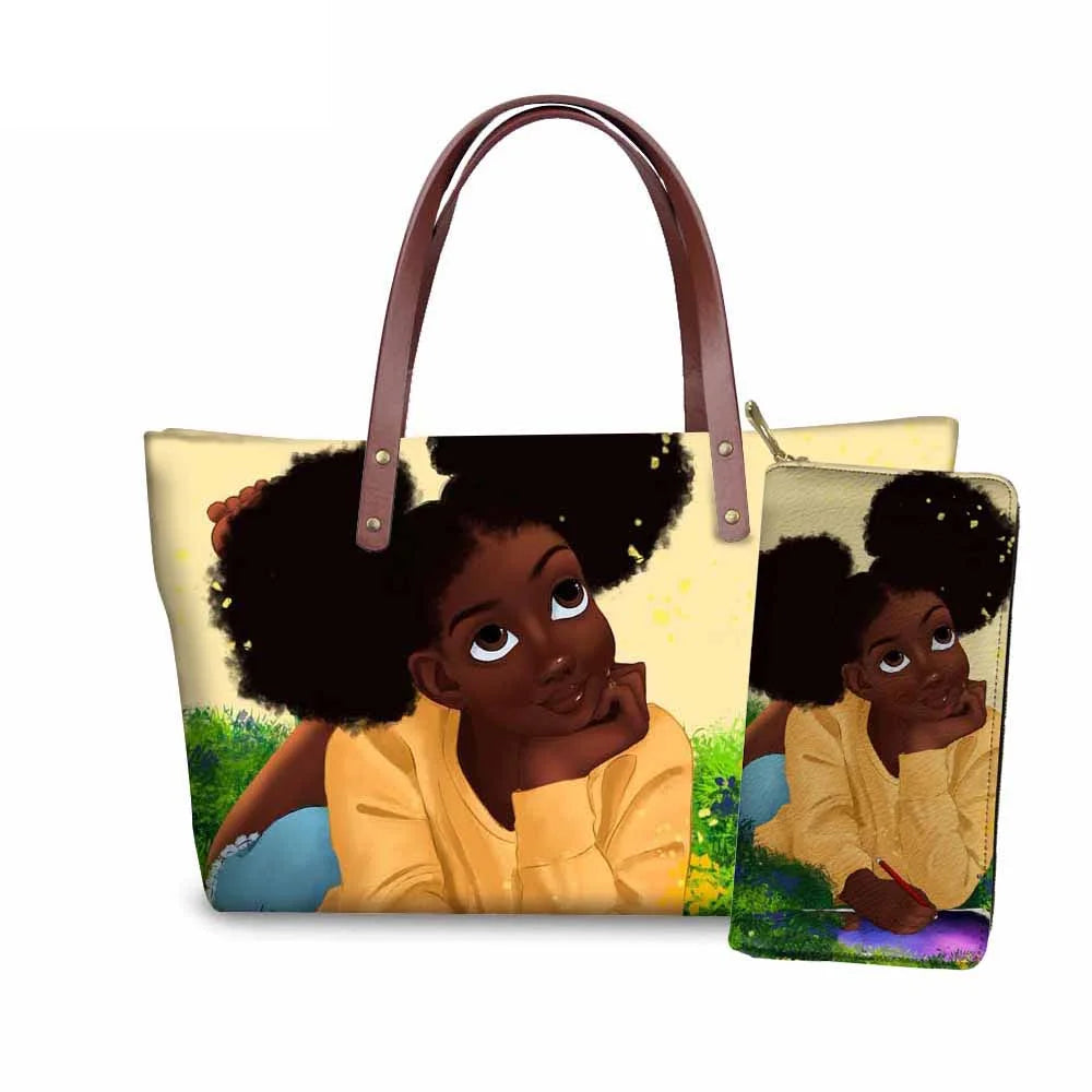 High Quality Latest Custom Pattern Women Hand Bags Black Art African Girls Printed Top Handle Tote Bag Luxury Purse for Ladies