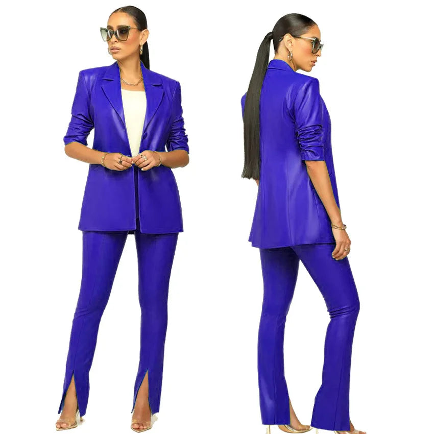 PU Leather Office Lady Women 2 Piece Set Notch Neck Blazer High Waist Pants Matching Set Autumn Work Wear Slim Tracksuits 10%