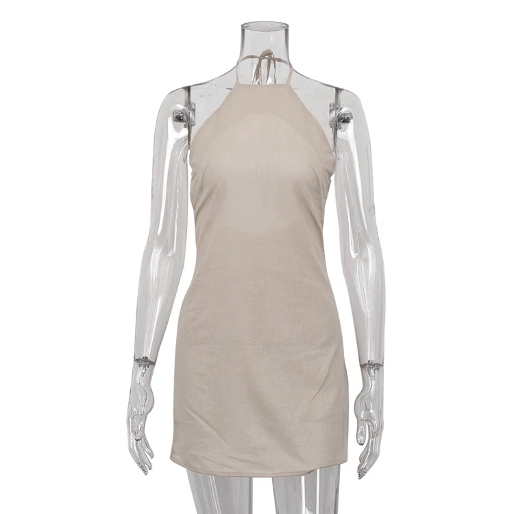 Good Price Manufacturer Lace-Up Halter Neck Hot Girls Women's Backless Short Dress Sexy Summer Cotton Linen Dresses For Women