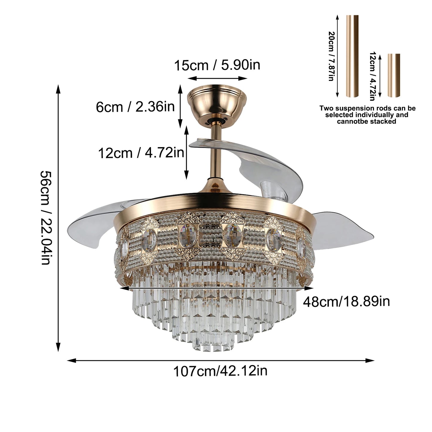 US Warehouse 42 Inch Retractable Chandelier Led Ceiling Fans With Light Home